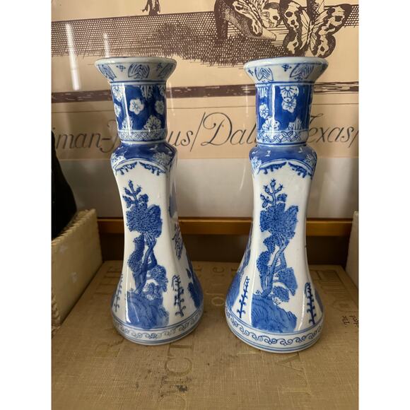 2 China Chinese Blue & White Porcelain Candlesticks Bamboo Prunus & Fungi pair - Picture 3 of 16